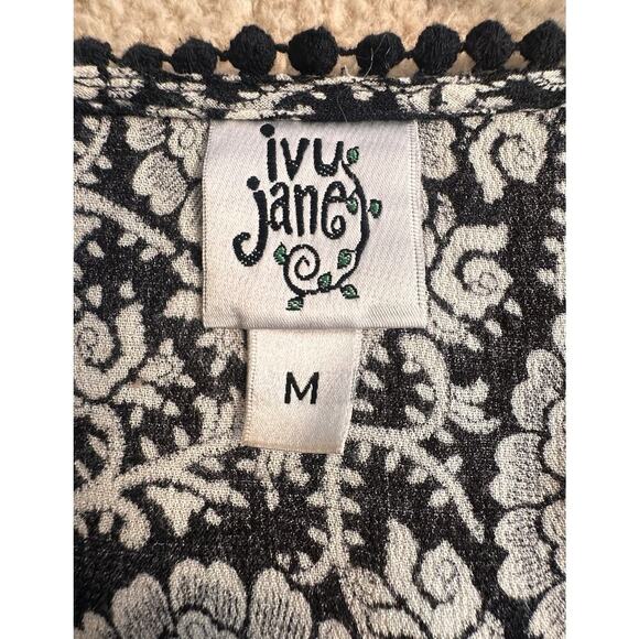 Ivy Jane Black & White Boho Y2K Ruffle Babydoll Retro Tunic Sz M Flutter Sleeves - Picture 2 of 16